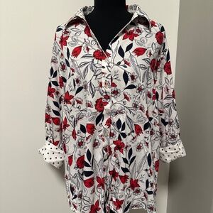 *FOXCROFT* Plus White x Red Floral Wrinkle-Free Button Down Shirt Size 20W